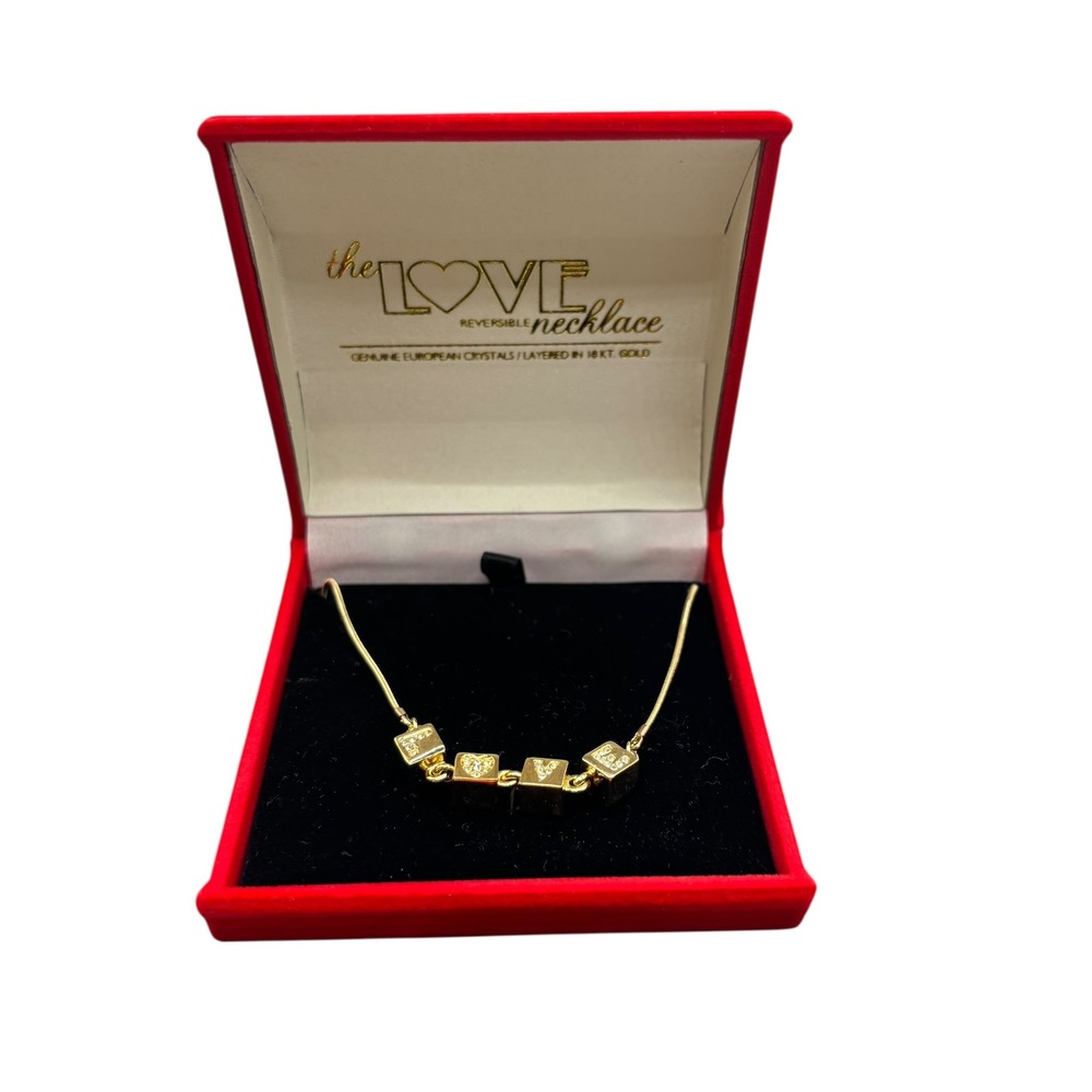The Love Necklace‎ Gold Tone Reversible Cube Letter & Heart Crystal Pendant